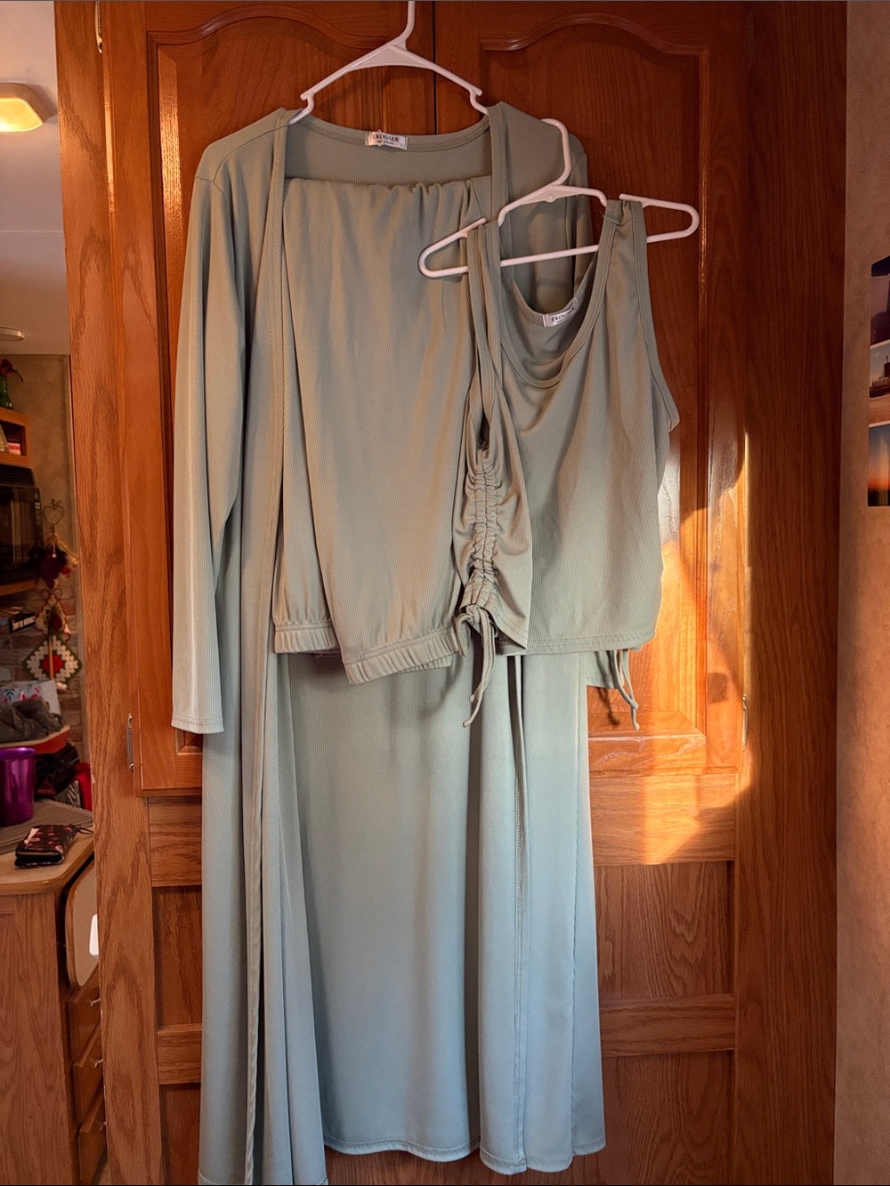 3-Piece Sage Green Maxi Dress Set with Ruched Tank